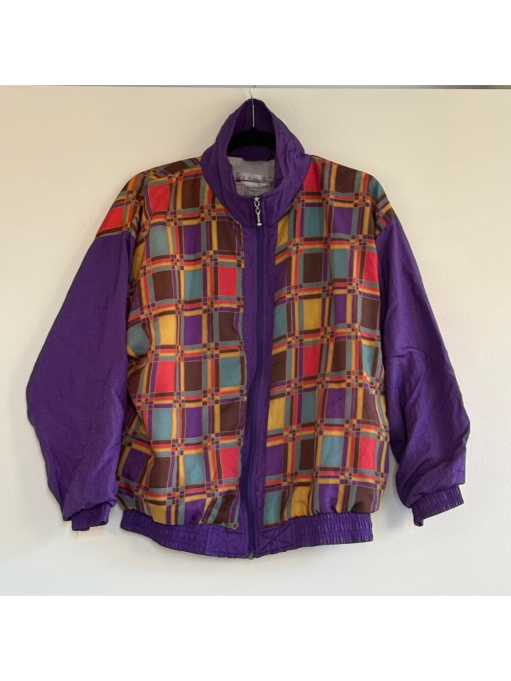 Vintage 90s J.S. Authentics Plaid Windbreaker Jacket Purple Geometric Colorblock